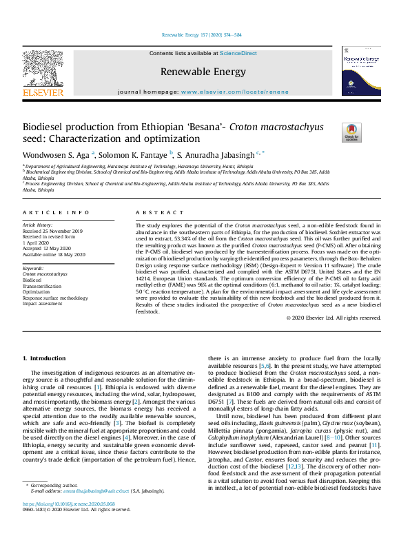 (PDF) Biodiesel production from Ethiopian 'Besana'-Croton macrostachyus ...