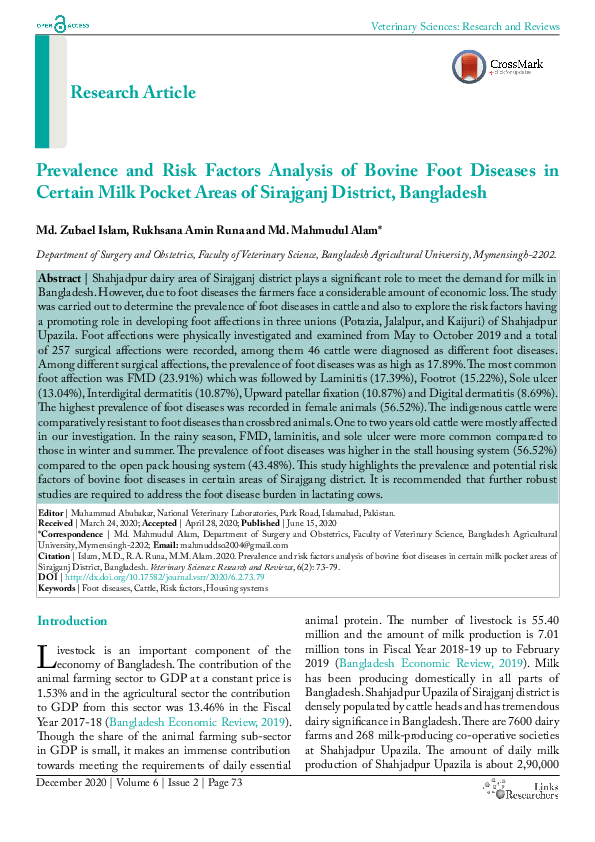 (PDF) Prevalence and Risk Factors Analysis of Bovine Foot Diseases in ...