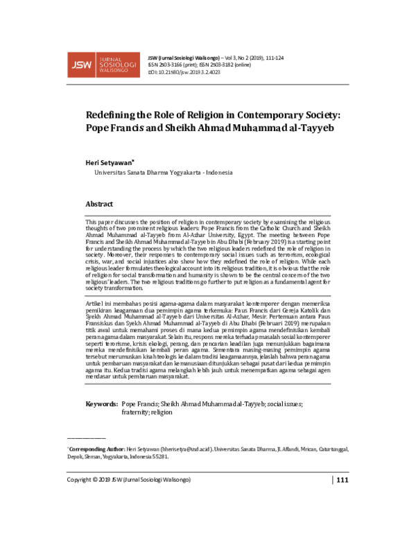 (PDF) Redefining the Role of Religion in Contemporary Society: Pope ...