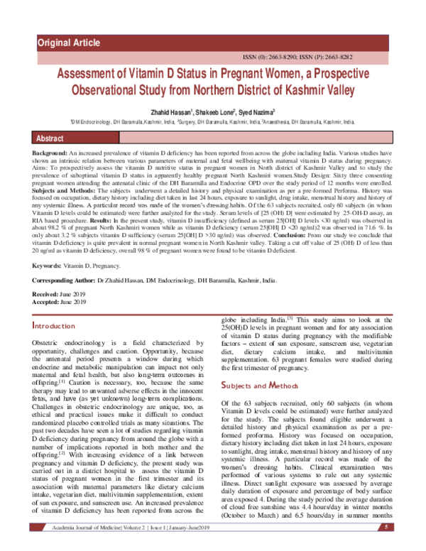(PDF) Assessment of Vitamin D Status in Pregnant Women, a Prospective ...
