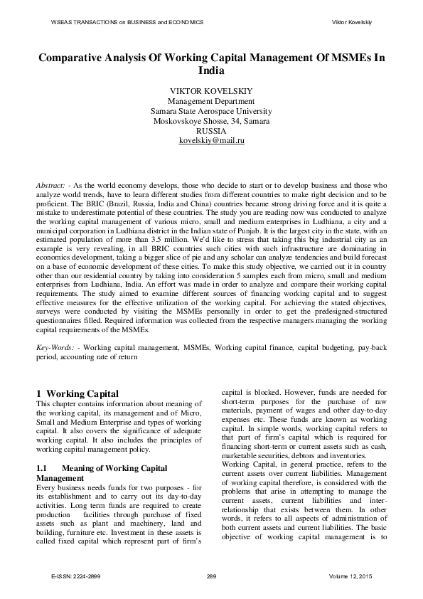 (PDF) Comparative Analysis Of Working Capital Management Of MSMEs In India