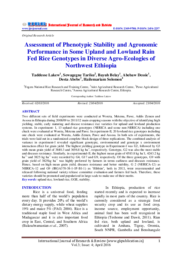 (PDF) Assessment of Phenotypic Stability and Agronomic Performance in ...