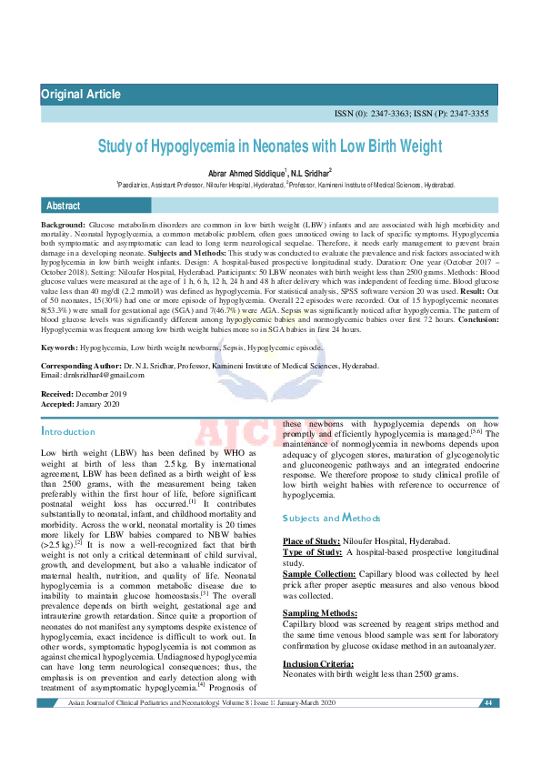 (PDF) Study of Hypoglycemia in Neonates with Low Birth Weight