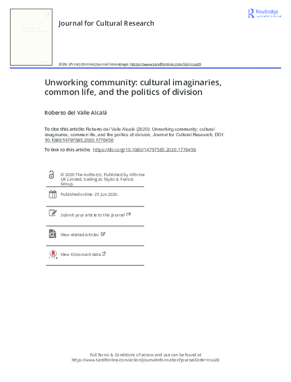 (PDF) Unworking community: cultural imaginaries, common life, and the ...