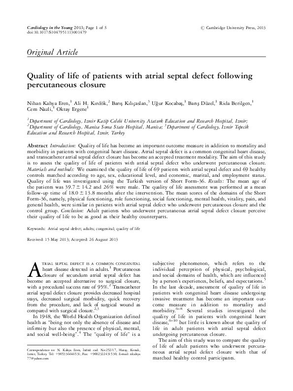 (PDF) Quality of life of patients with atrial septal defect following ...