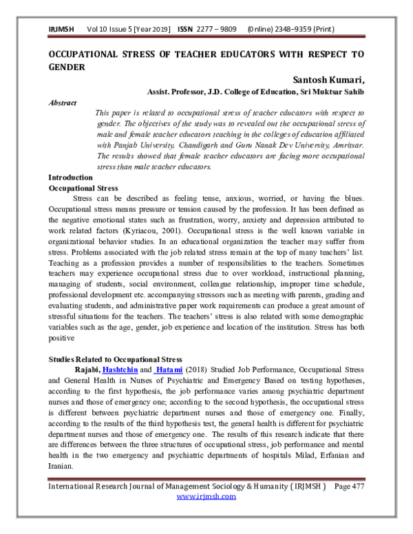 (PDF) OCCUPATIONAL STRESS OF TEACHER EDUCATORS WITH RESPECT TO GENDER
