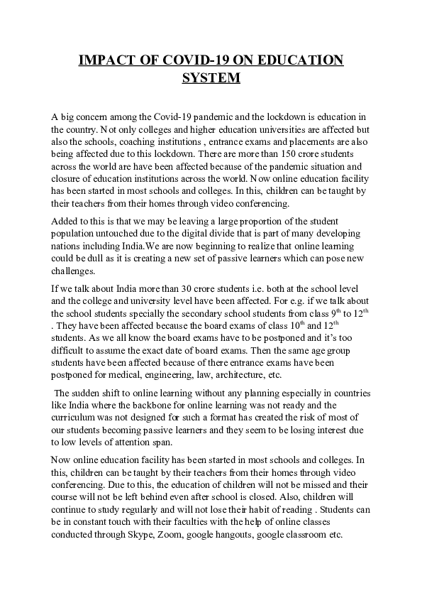(DOC) IMPACT OF COVID-19 ON EDUCATION SYSTEM