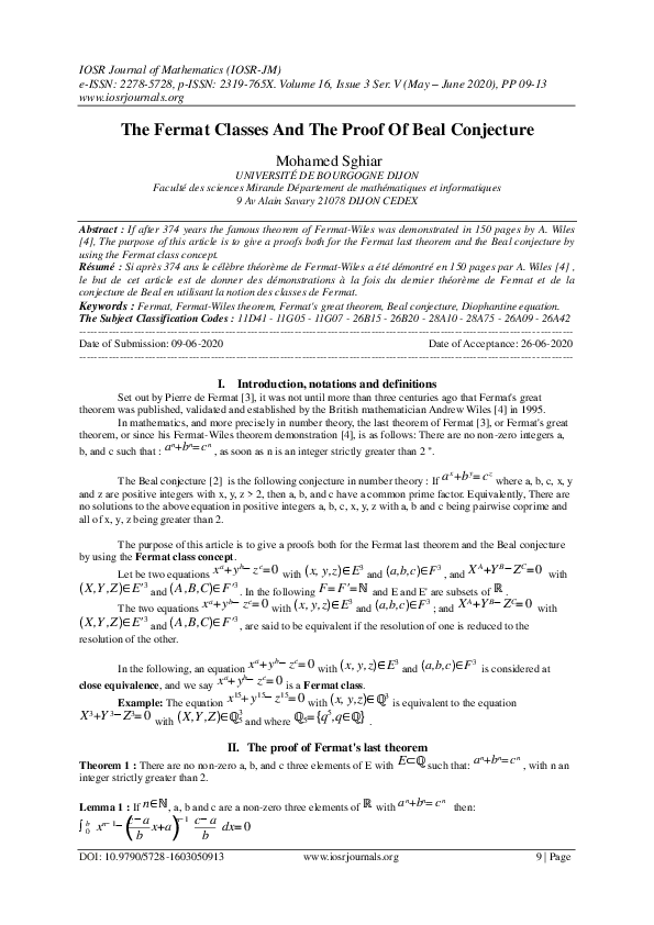 (PDF) The Fermat Classes And The Proof Of Beal Conjecture