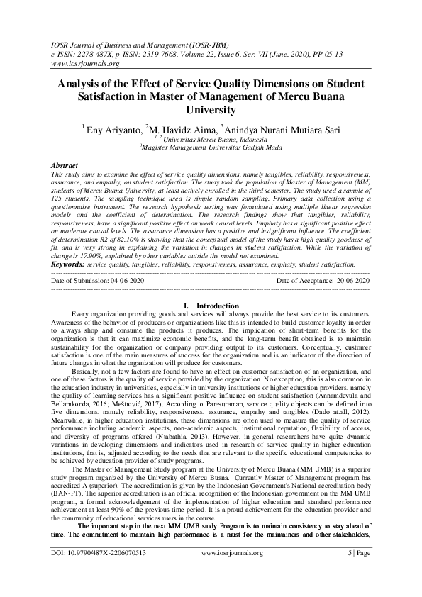 (PDF) Analysis of the Effect of Service Quality Dimensions on Student ...