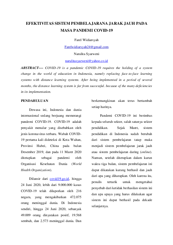 (PDF) EFEKTIVITAS SISTEM PEMBELAJARANA JARAK JAUH PADA MASA PANDEMI ...