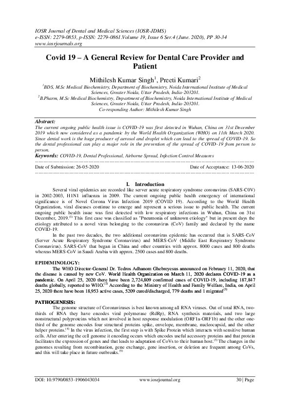 (PDF) Covid 19 -A General Review for Dental Care Provider and Patient