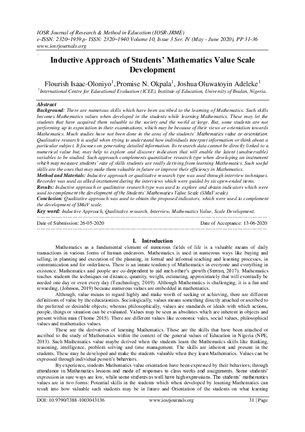 (PDF) Inductive Approach of Students' Mathematics Value Scale Development