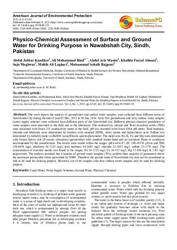 (PDF) Assessment of Surface and Ground Water for Drinking Purpose in ...