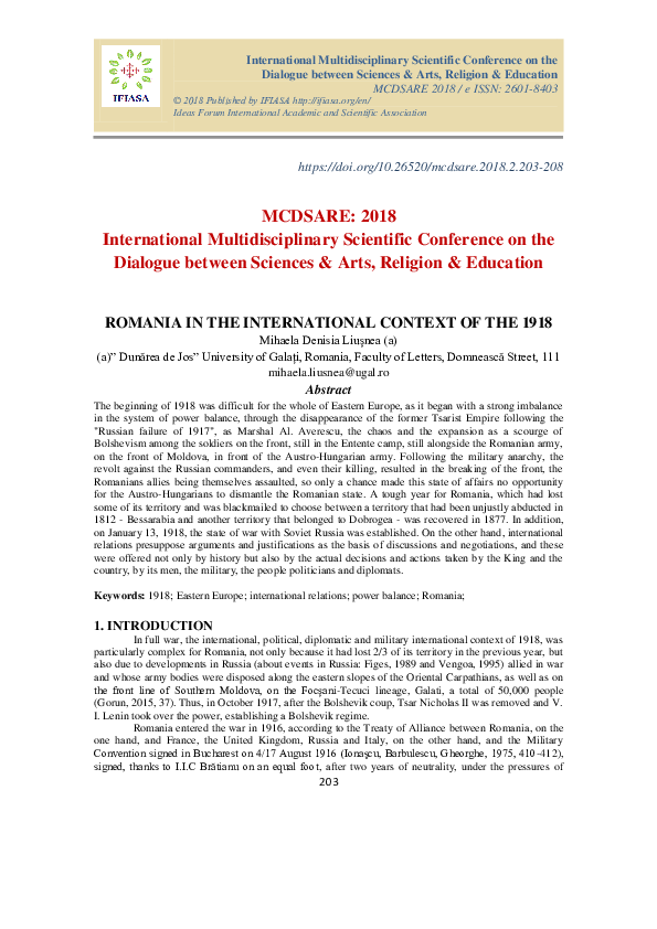 (PDF) ROMANIA IN THE INTERNATIONAL CONTEXT OF THE 1918