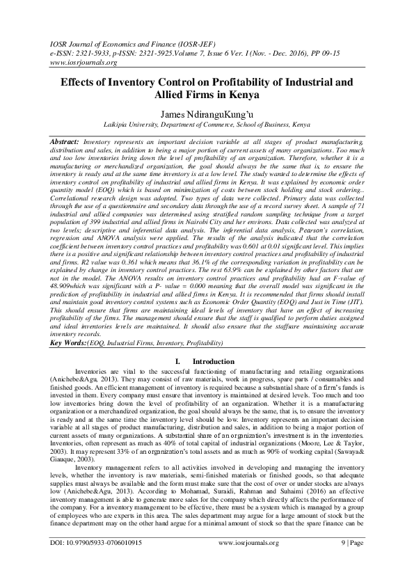 (PDF) Effects of Inventory Control on Profitability of Industrial and ...