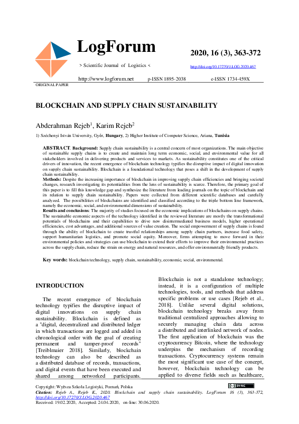 (PDF) Blockchain and supply chain sustainability