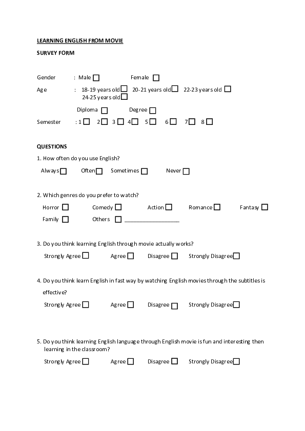 (PDF) LEARNING ENGLISH FROM MOVIE SURVEY FORM