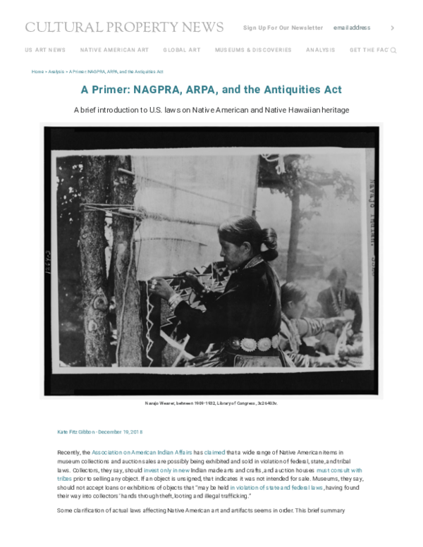 (PDF) A Primer: NAGPRA, ARPA, and the Antiquities Act (December 19, 2018)