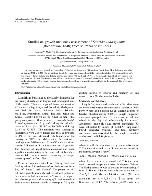 PDF) Studies on growth and stock assessment of Saurida
