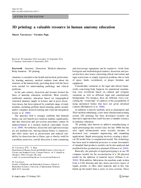 (PDF) 3D printing: a valuable resource in human anatomy education