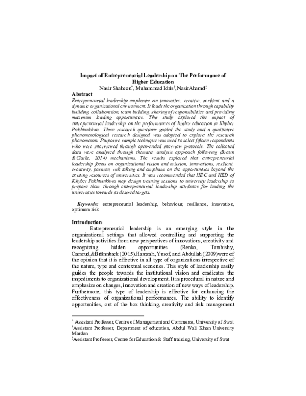 (PDF) Impact of Entrepreneurial Leadership on The Performance of Higher ...
