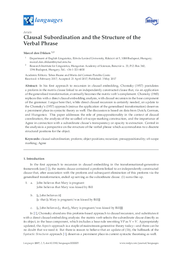 (PDF) Clausal Subordination and the Structure of the Verbal Phrase