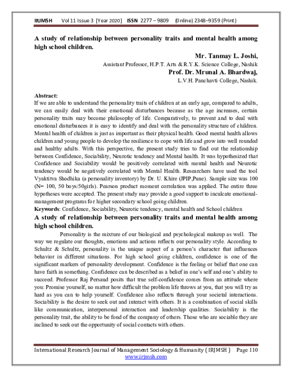 (PDF) A study of relationship between personality traits and mental ...