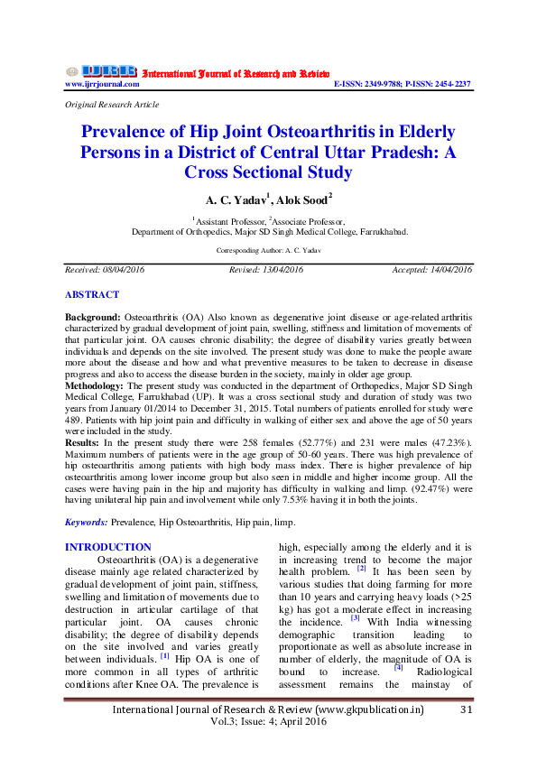 (PDF) Prevalence of Hip Joint Osteoarthritis in Elderly Persons in a ...