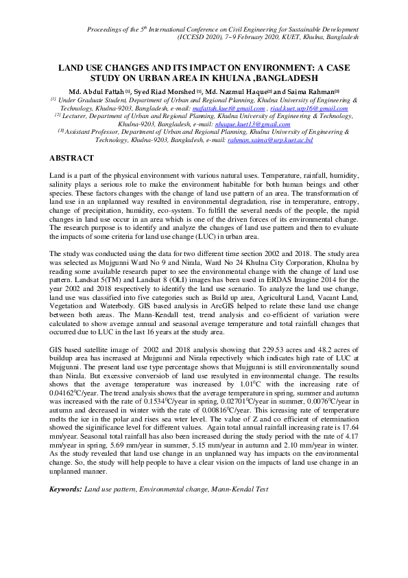 (PDF) LAND USE CHANGES AND ITS IMPACT ON ENVIRONMENT: A CASE STUDY ON ...