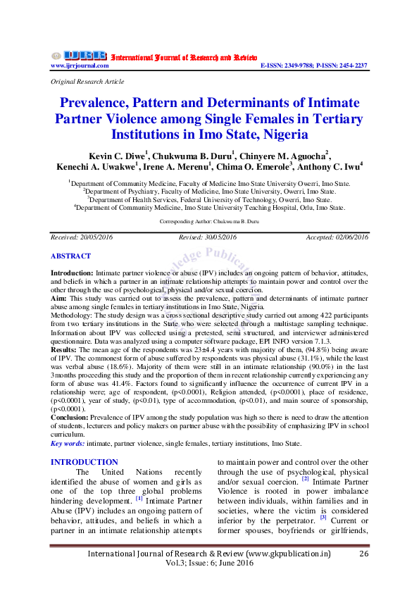 (PDF) Prevalence, Pattern and Determinants of Intimate Partner Violence ...