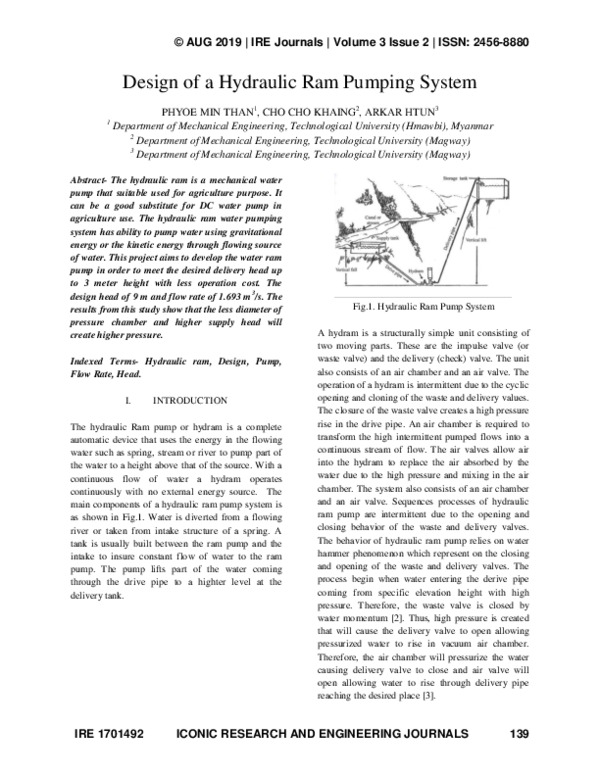 (PDF) Design of a Hydraulic Ram Pumping System IRE Journals