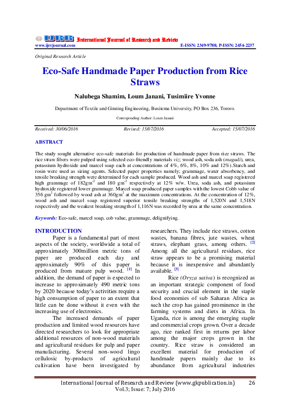 (PDF) Eco-Safe Handmade Paper Production from Rice Straws
