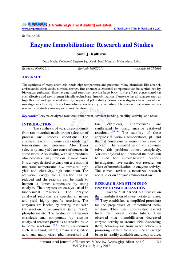 (PDF) Enzyme Immobilization Research and Studies International