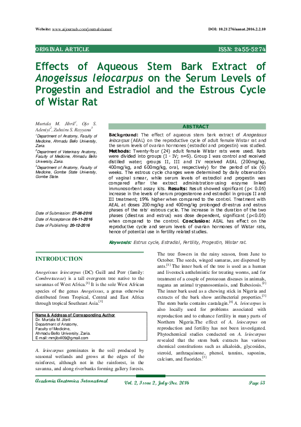 (PDF) Effects of Aqueous Stem Bark Extract of Anogeissus leiocarpus on ...
