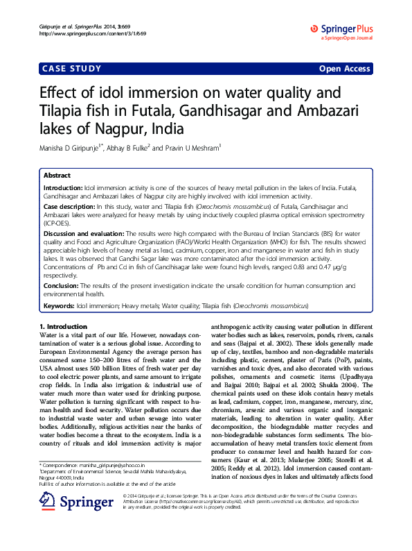 (PDF) Effect of idol immersion on water quality and Tilapia fish in ...