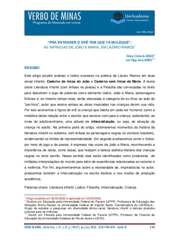 (PDF) "PRA ENTENDER O ERÊ TEM QUE TÁ MOLEQUE": AS INFÂNCIAS DE JOÃO E ...