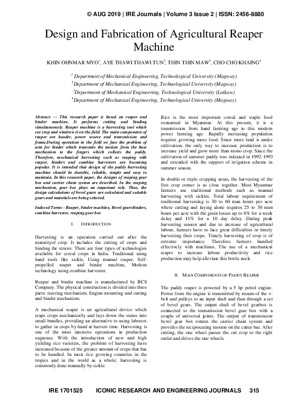 (PDF) Design and Fabrication of Agricultural Reaper Machine IRE