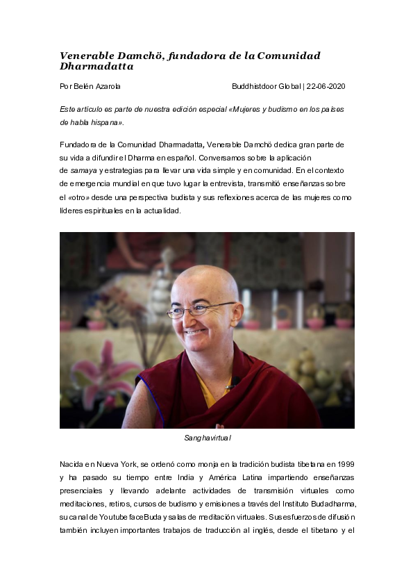 (PDF) Venerable Damchö, fundadora de la Comunidad Dharmadatta Belén