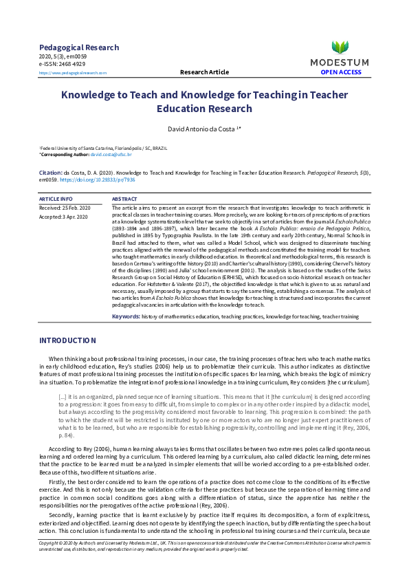 (PDF) Knowledge to Teach and Knowledge for Teaching in Teacher ...