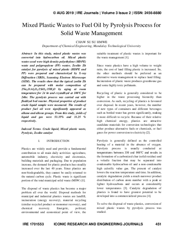 (PDF) Mixed Plastic Wastes to Fuel Oil by Pyrolysis Process for Solid