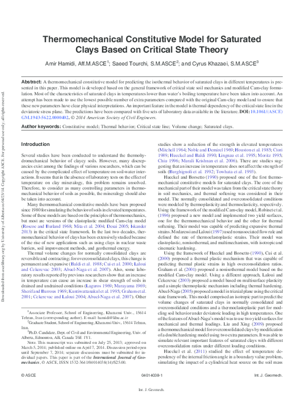 (PDF) Thermomechanical Constitutive Model for Saturated Clays Based on ...