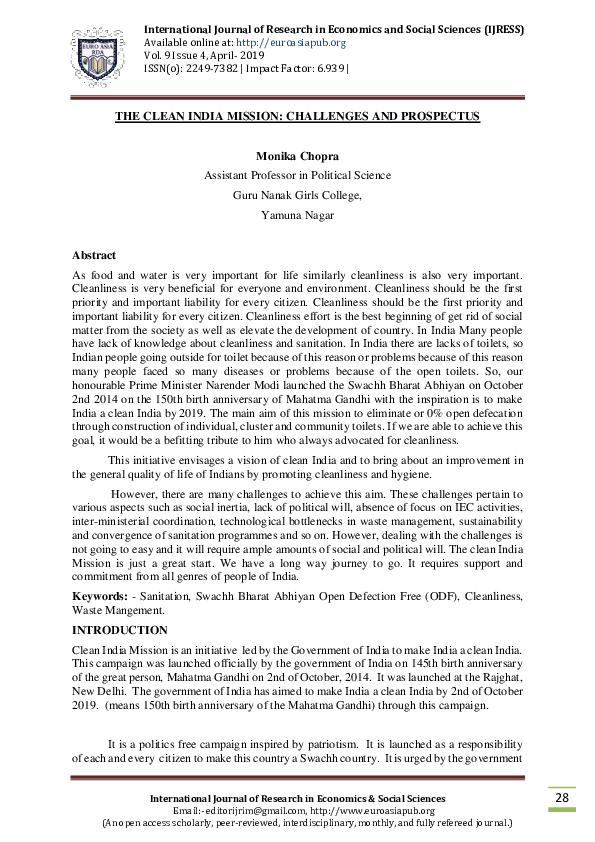 (PDF) ESS April 19 THE CLEAN INDIA MISSION