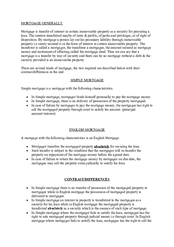 (DOC) MORTGAGE GENERALLY; Simple vs English mortgage Darab Khan