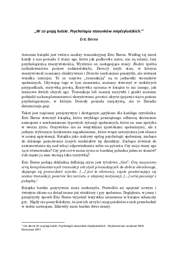 (PDF) ,,W co grają ludzie. Psychologia stosunków międzyludzkich.’’ Eric
