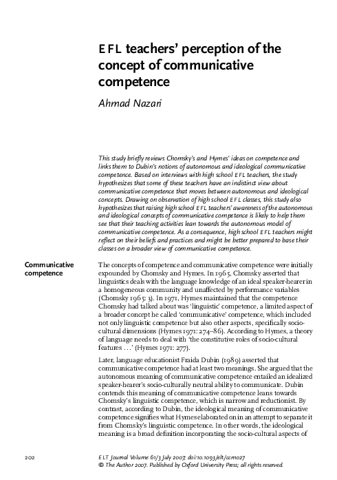 (PDF) EFL Teachers' Perception of the Concept of Communicative Competence
