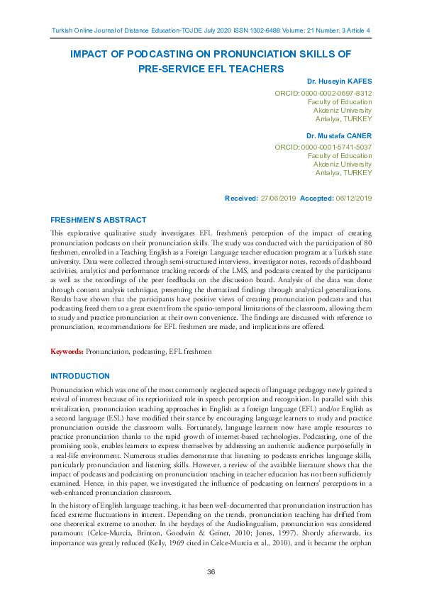 (PDF) IMPACT OF PODCASTING ON PRONUNCIATION SKILLS OF PRE-SERVICE EFL ...