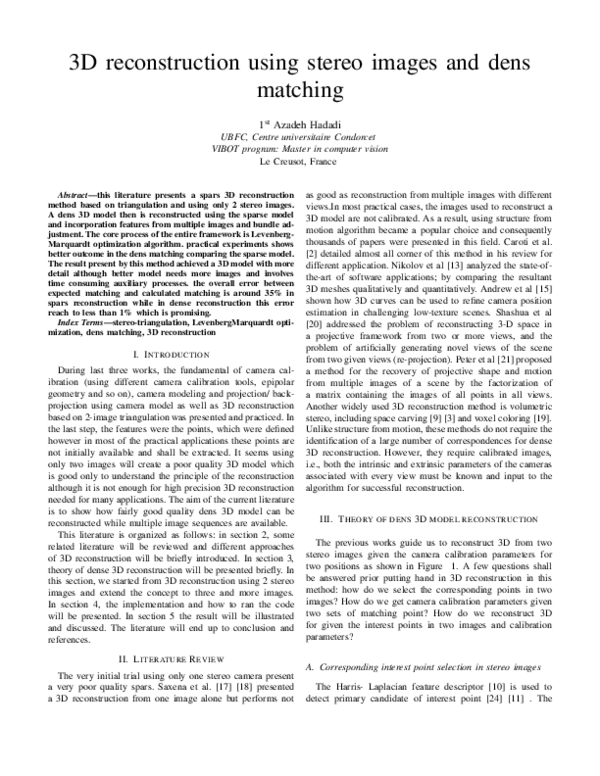 (PDF) 3D Reconstruction Using Stereo Images and Dens Matching