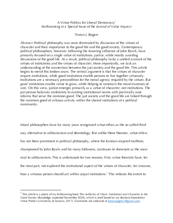 A Virtue Politics for Liberal Democracy