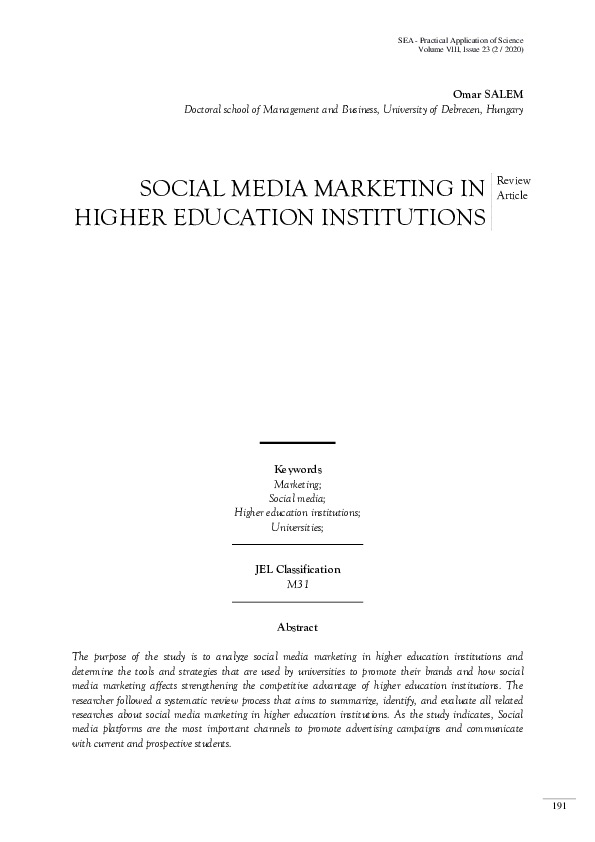 (PDF) Social Media Marketing in Higher Education Institutions