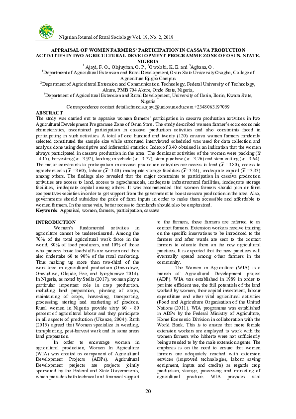 (PDF) APPRAISAL OF WOMEN FARMERS’ PARTICIPATION IN CASSAVA PRODUCTION ...